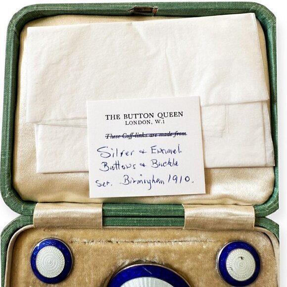 Vintage English Antique sterling silver/ enamel belt buckle and 6 buttons in the - Picture 6 of 11